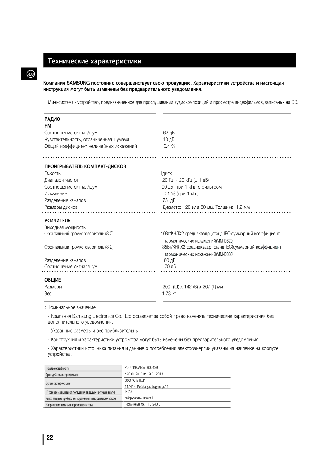 Samsung MM-D320/RU 10Вт/КНЛХ2,среднеквадр.,станд,IECсуммарный козффициент, OOO Альттест, 117418, Москва, ул. Цюрупы, д.14 