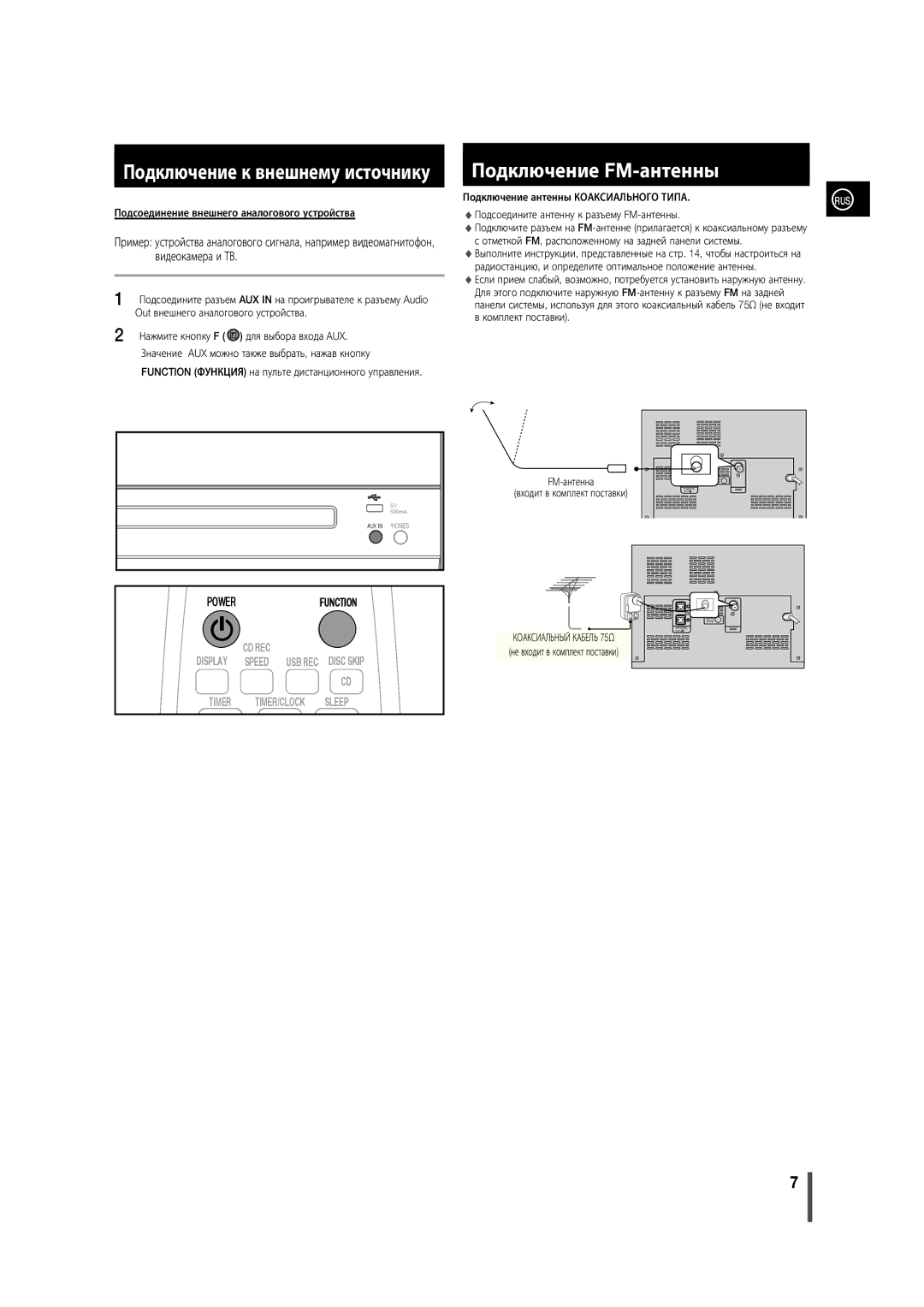 Samsung MM-D330/RU, MM-D320/RU manual Подключение FM-антенны, Подсоединение внешнего аналогового устройства 