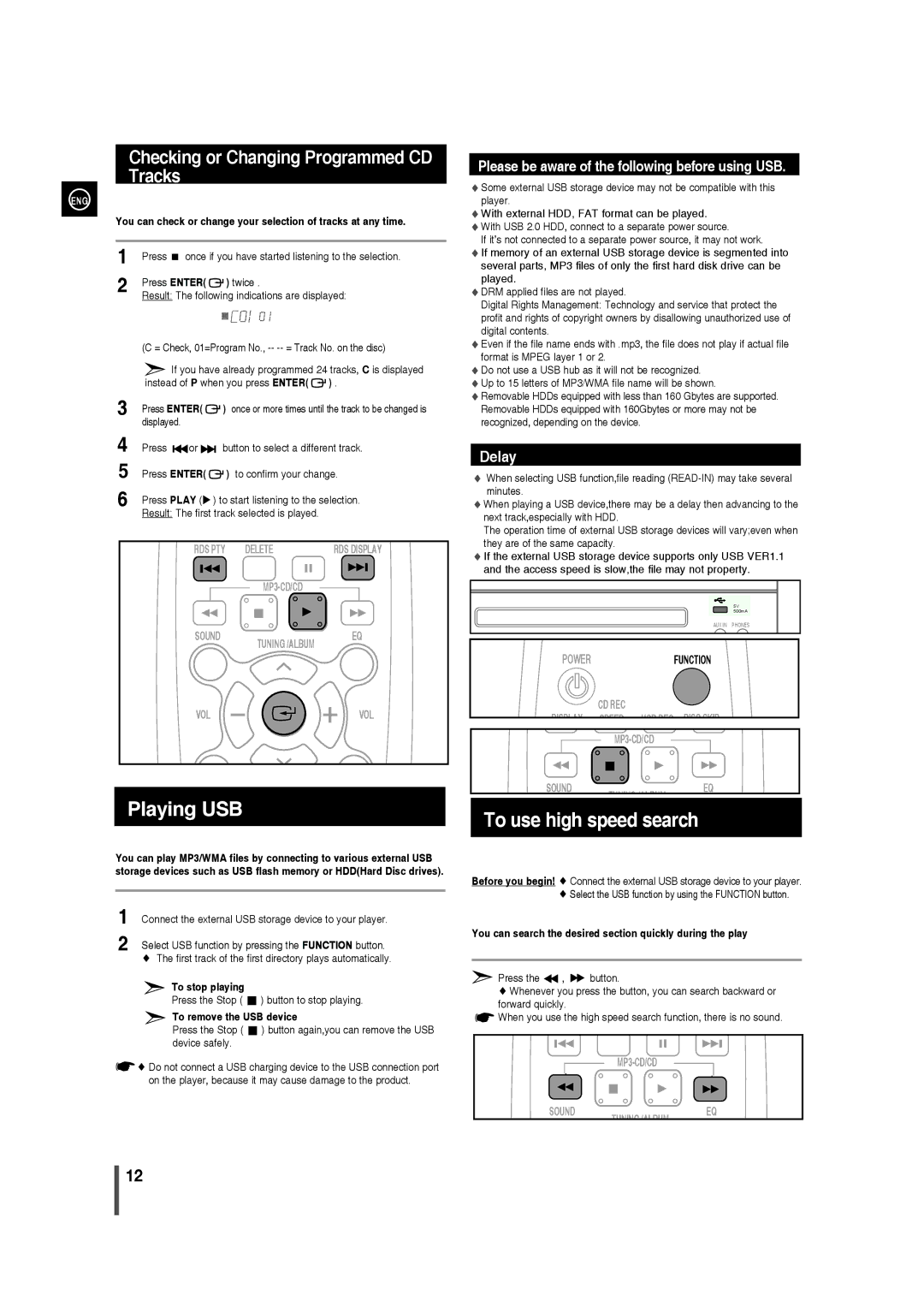 Samsung MM-D320/ZN, MM-D320/UM manual Playing USB, To use high speed search, Checking or Changing Programmed CD Tracks 