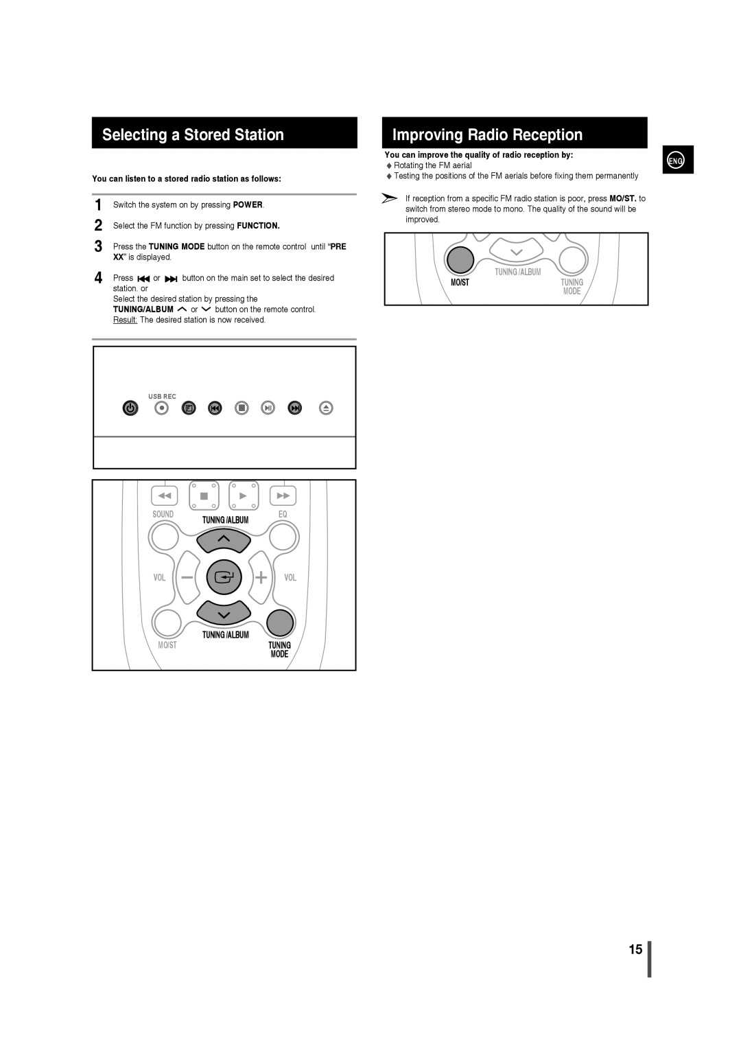 Samsung MM-D320/UM, MM-D320/ZN manual Selecting a Stored Station, Improving Radio Reception 