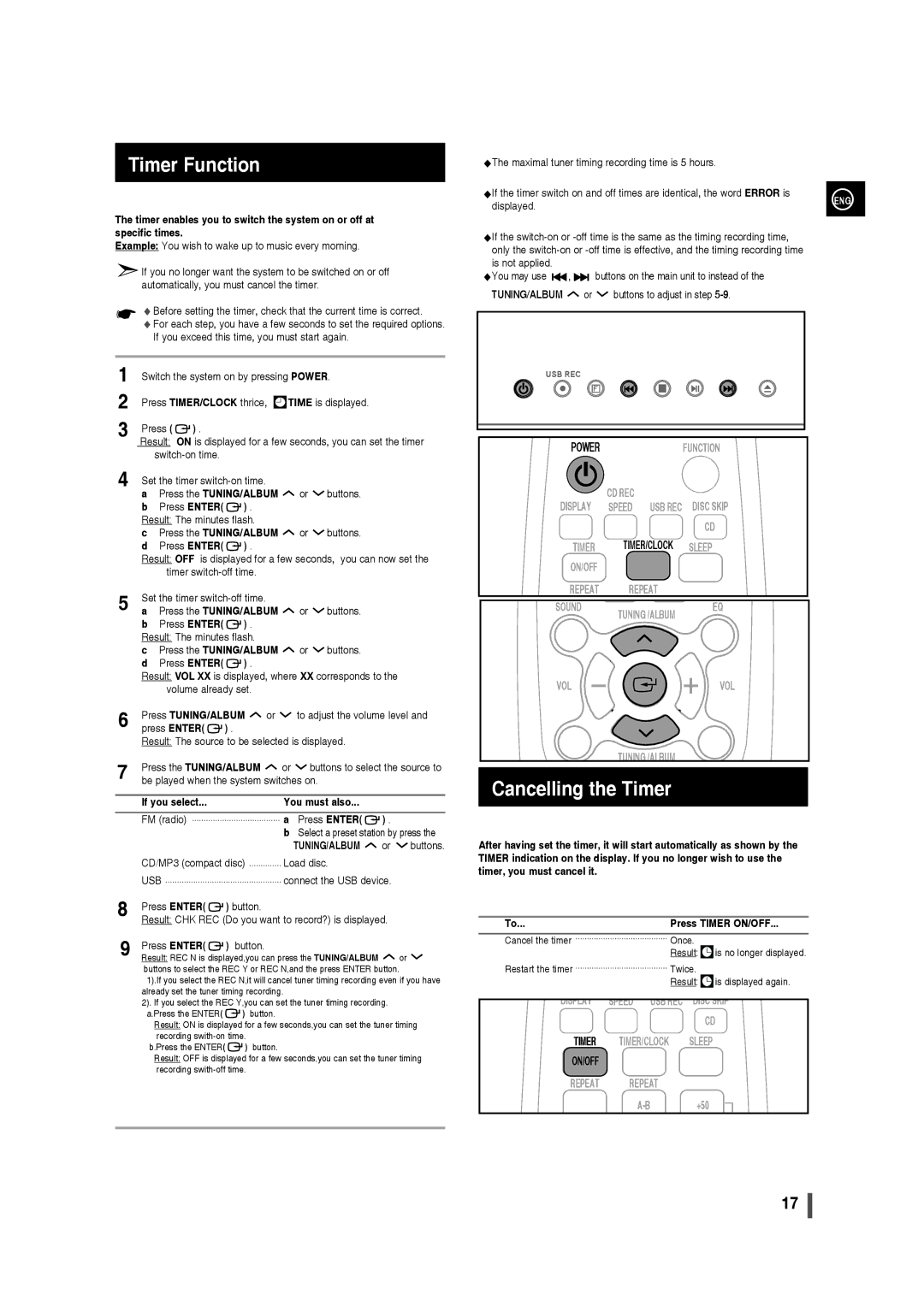 Samsung MM-D320/UM, MM-D320/ZN Timer Function, Cancelling the Timer, Press the TUNING/ALBUM, If you select You must also 