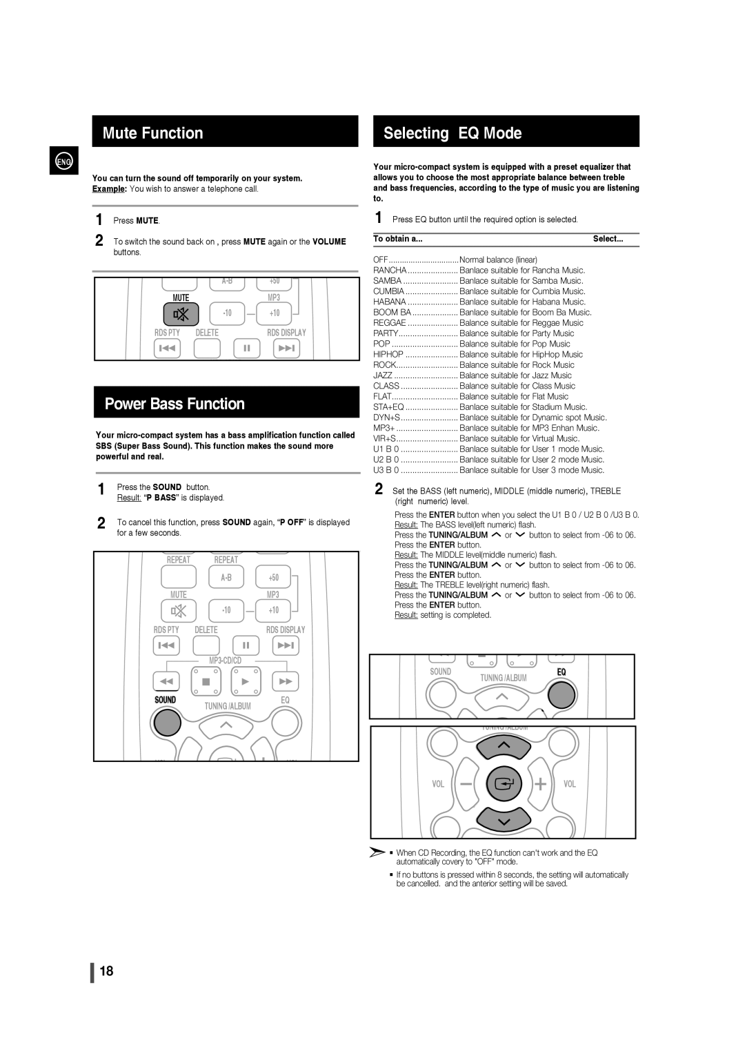 Samsung MM-D320/ZN, MM-D320/UM manual Mute Function, Power Bass Function, Selecting EQ Mode, To obtain a Select 