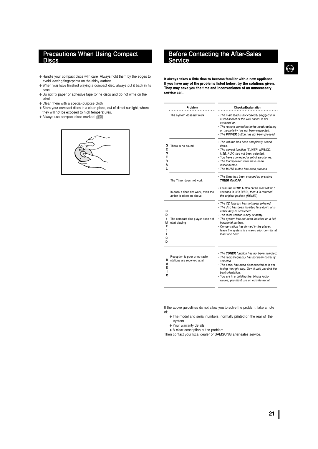 Samsung MM-D320/UM, MM-D320/ZN manual Precautions When Using Compact Discs, Before Contacting the After-Sales Service 