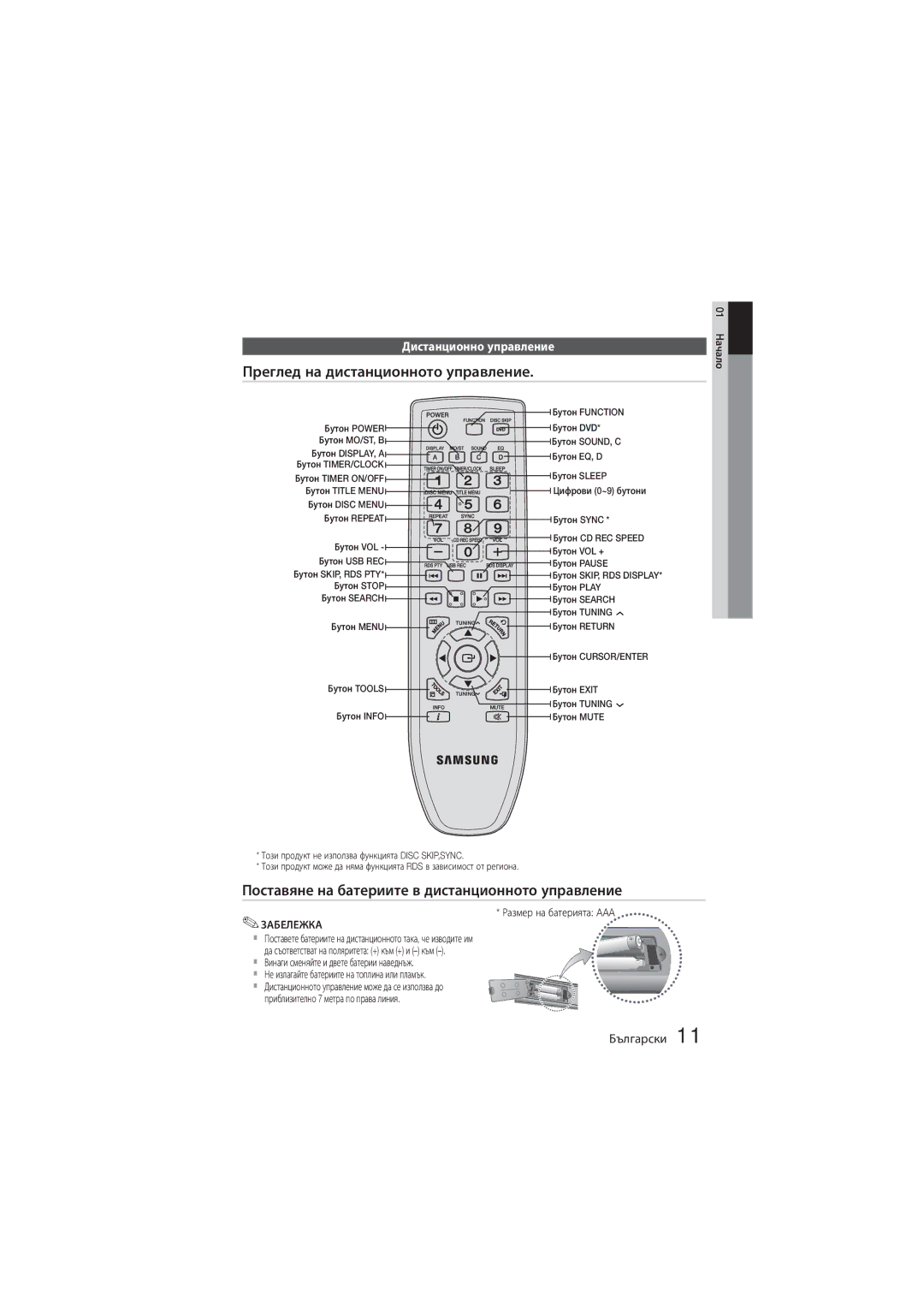 Samsung MM-D330/EN, MM-D330D/EN Преглед на дистанционното управление, Поставяне на батериите в дистанционното управление 