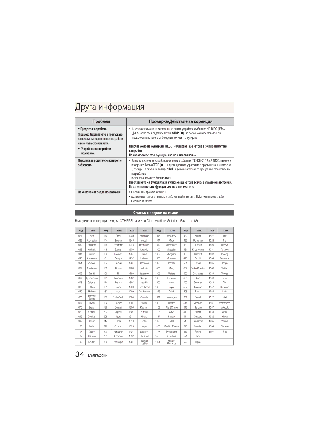 Samsung MM-D330D/EN, MM-D330/EN manual ДругаOther Informationинформация, Списък с кодове на езици, 34 Български 