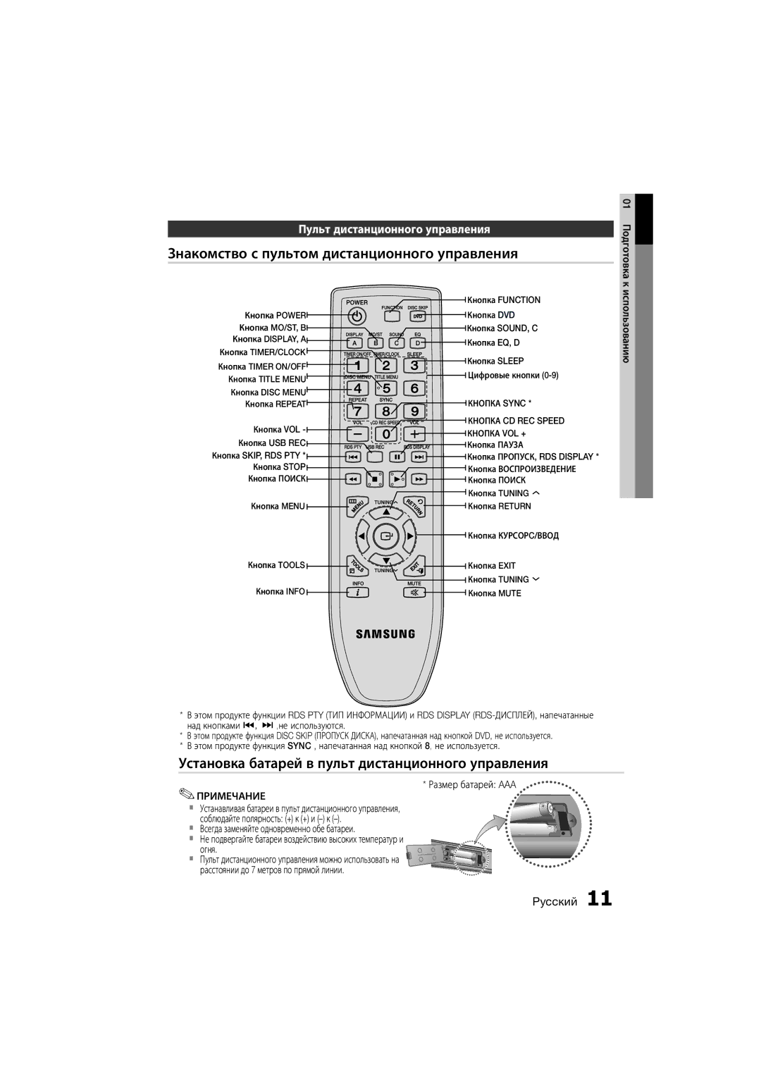 Samsung MM-D330D/RU Знакомство с пультом дистанционного управления, Установка батарей в пульт дистанционного управления 