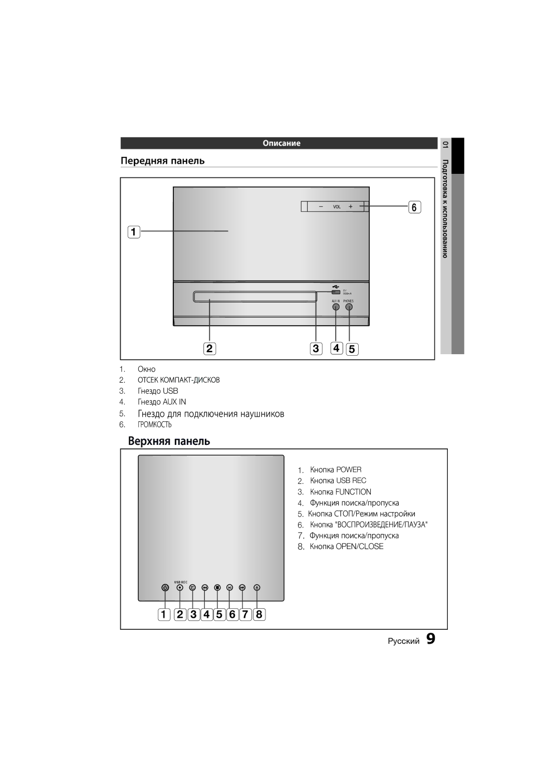 Samsung MM-D330D/RU manual Гнездо для подключения наушников, Гнездо USB Гнездо AUX 