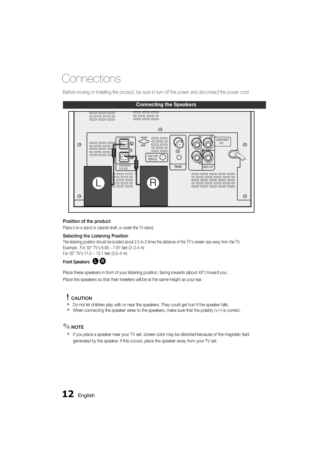 Samsung MM-D330D/SJ manual Connections, Connecting the Speakers, Position of the product, Selecting the Listening Position 