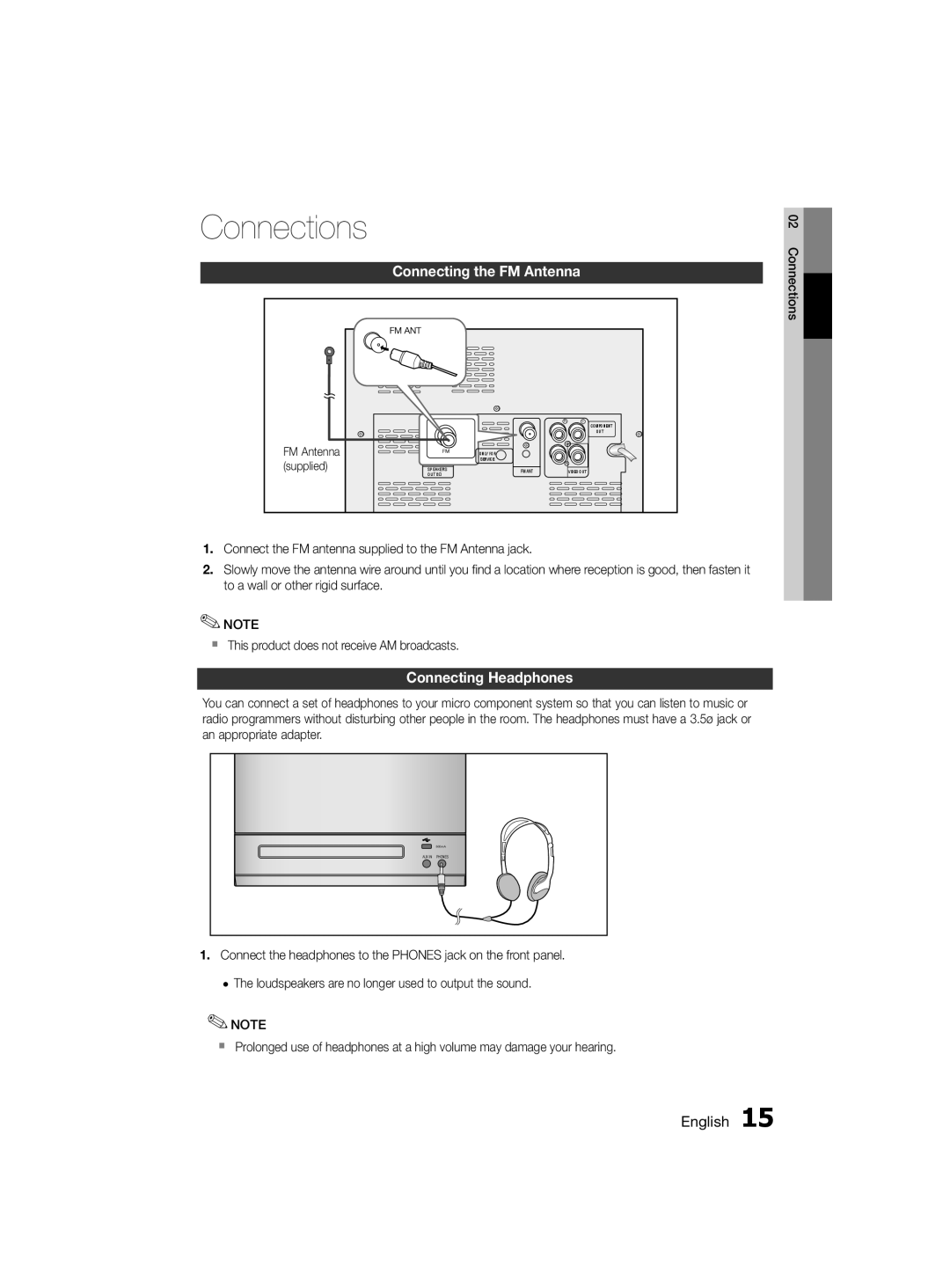 Samsung MM-D330D/SJ, MM-D330D/ZN, MM-D330D/UM manual Connecting the FM Antenna, Connecting Headphones, Supplied 