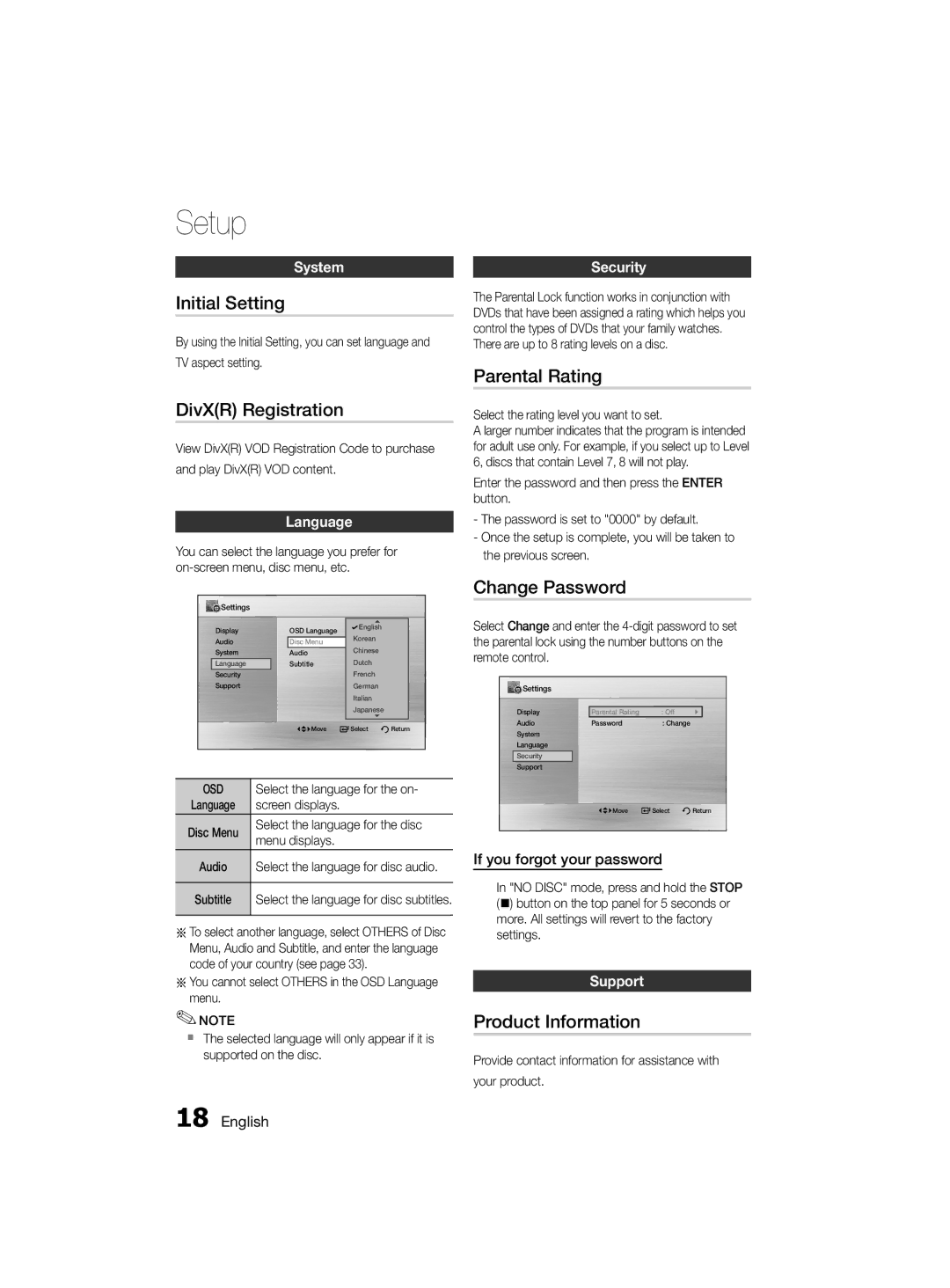 Samsung MM-D330D/SJ manual Initial Setting, DivXR Registration, Parental Rating, Change Password, Product Information 