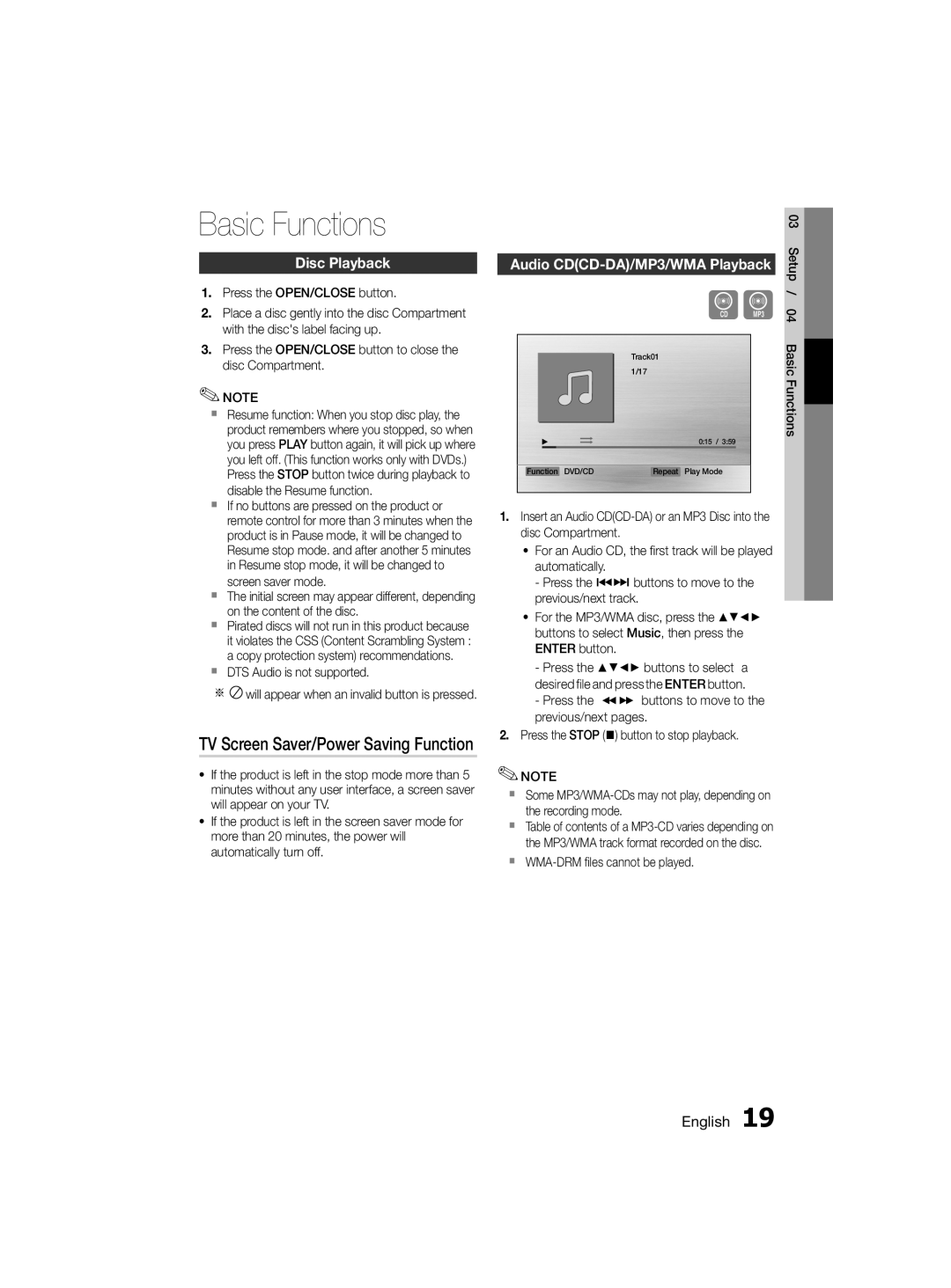 Samsung MM-D330D/ZN, MM-D330D/SJ, MM-D330D/UM manual Basic Functions, Disc Playback, Audio CDCD-DA/MP3/WMA Playback 