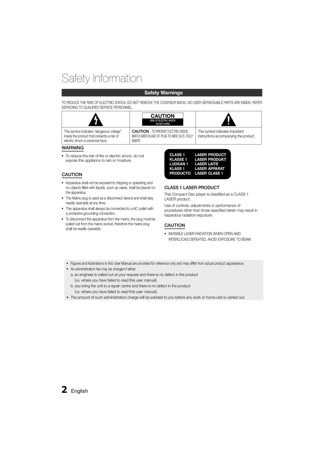 Samsung MM-D330D/UM, MM-D330D/SJ, MM-D330D/ZN Safety Information, Safety Warnings, English, This symbol indicates important 