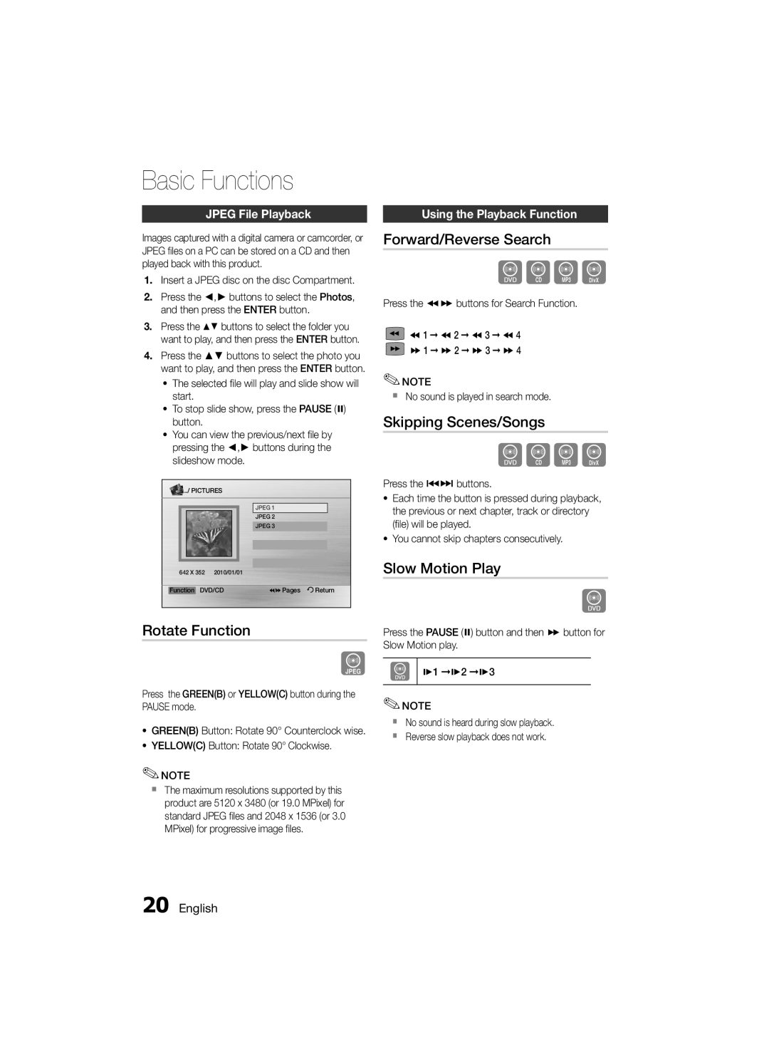 Samsung MM-D330D/UM, MM-D330D/SJ manual Rotate Function, Forward/Reverse Search, Skipping Scenes/Songs, Slow Motion Play 