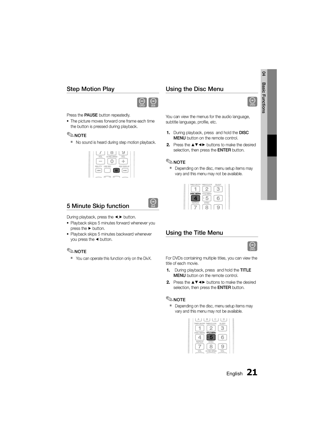 Samsung MM-D330D/SJ, MM-D330D/ZN manual Step Motion Play, Using the Disc Menu, Minute Skip function, Using the Title Menu 