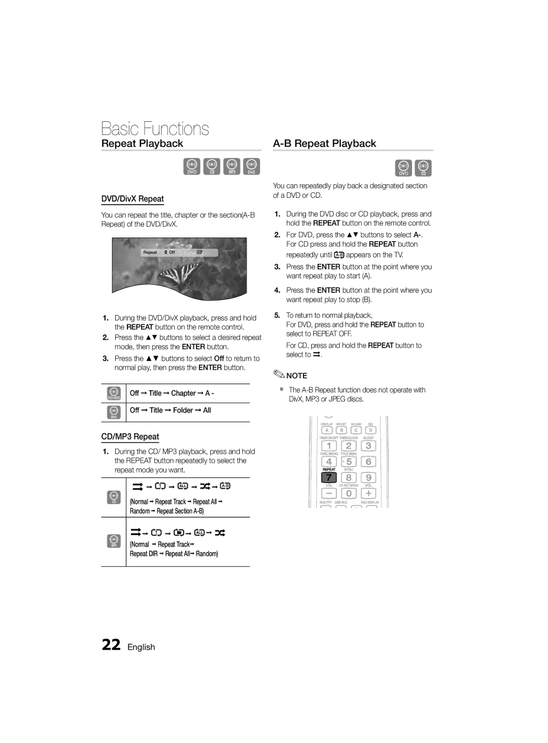 Samsung MM-D330D/ZN, MM-D330D/SJ, MM-D330D/UM manual Repeat Playback, DVD/DivX Repeat, CD/MP3 Repeat 