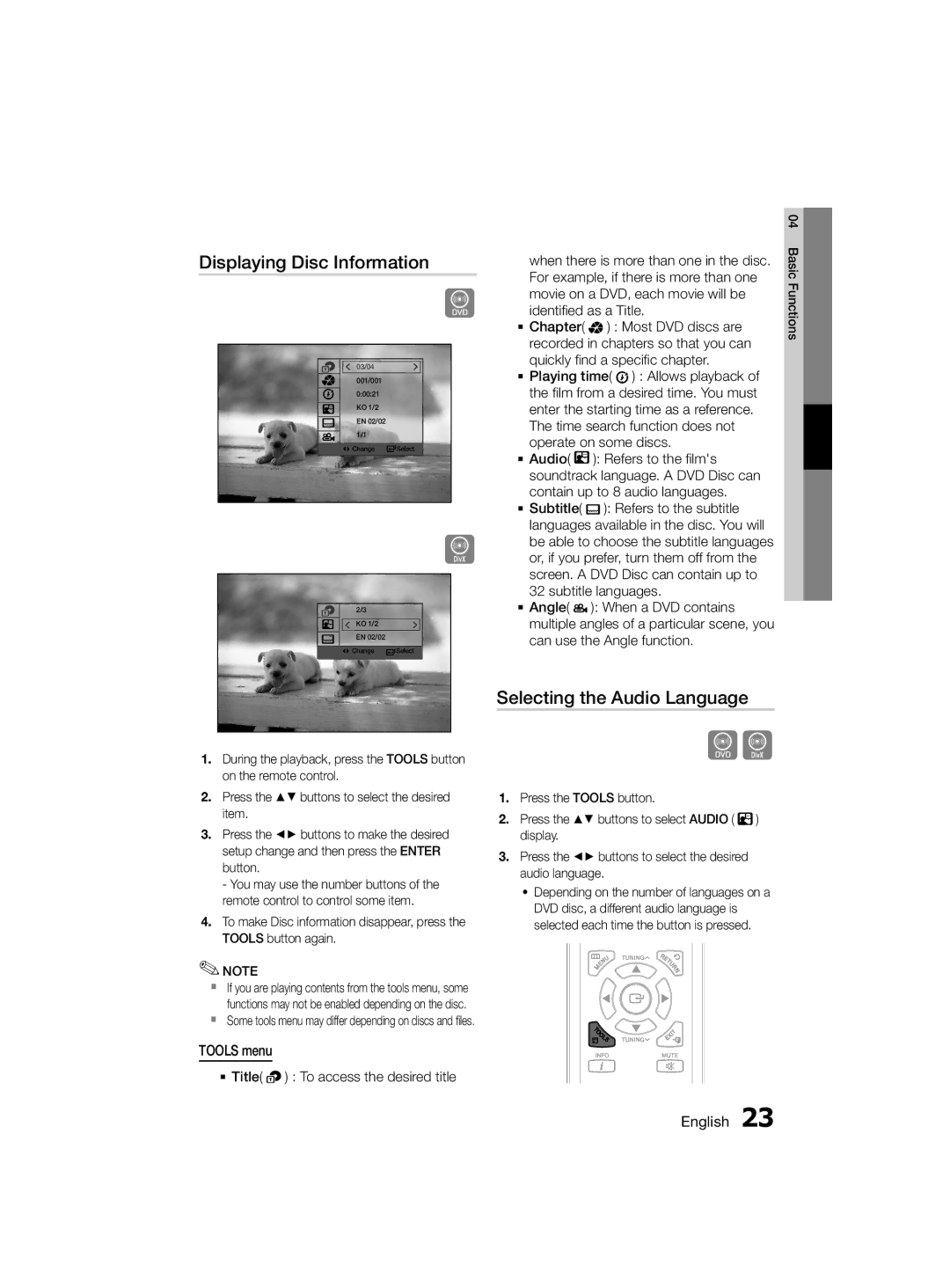 Samsung MM-D330D/UM, MM-D330D/SJ, MM-D330D/ZN manual Displaying Disc Information, Selecting the Audio Language 