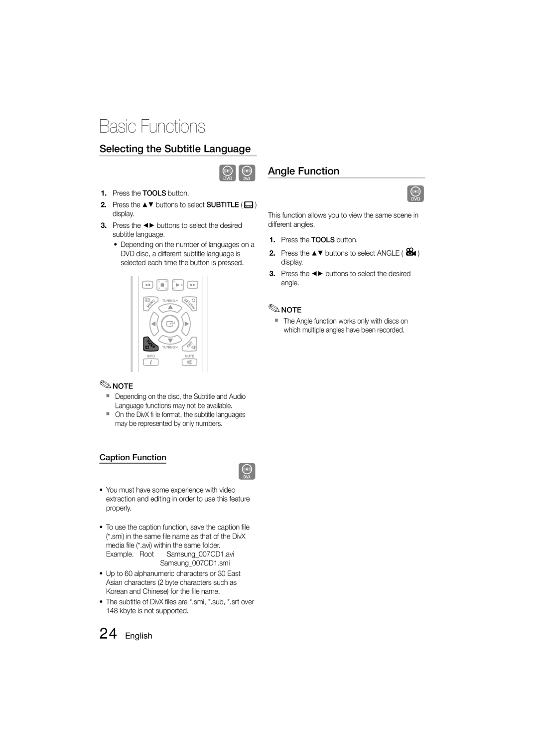 Samsung MM-D330D/SJ, MM-D330D/ZN, MM-D330D/UM manual Selecting the Subtitle Language, Angle Function, Caption Function 