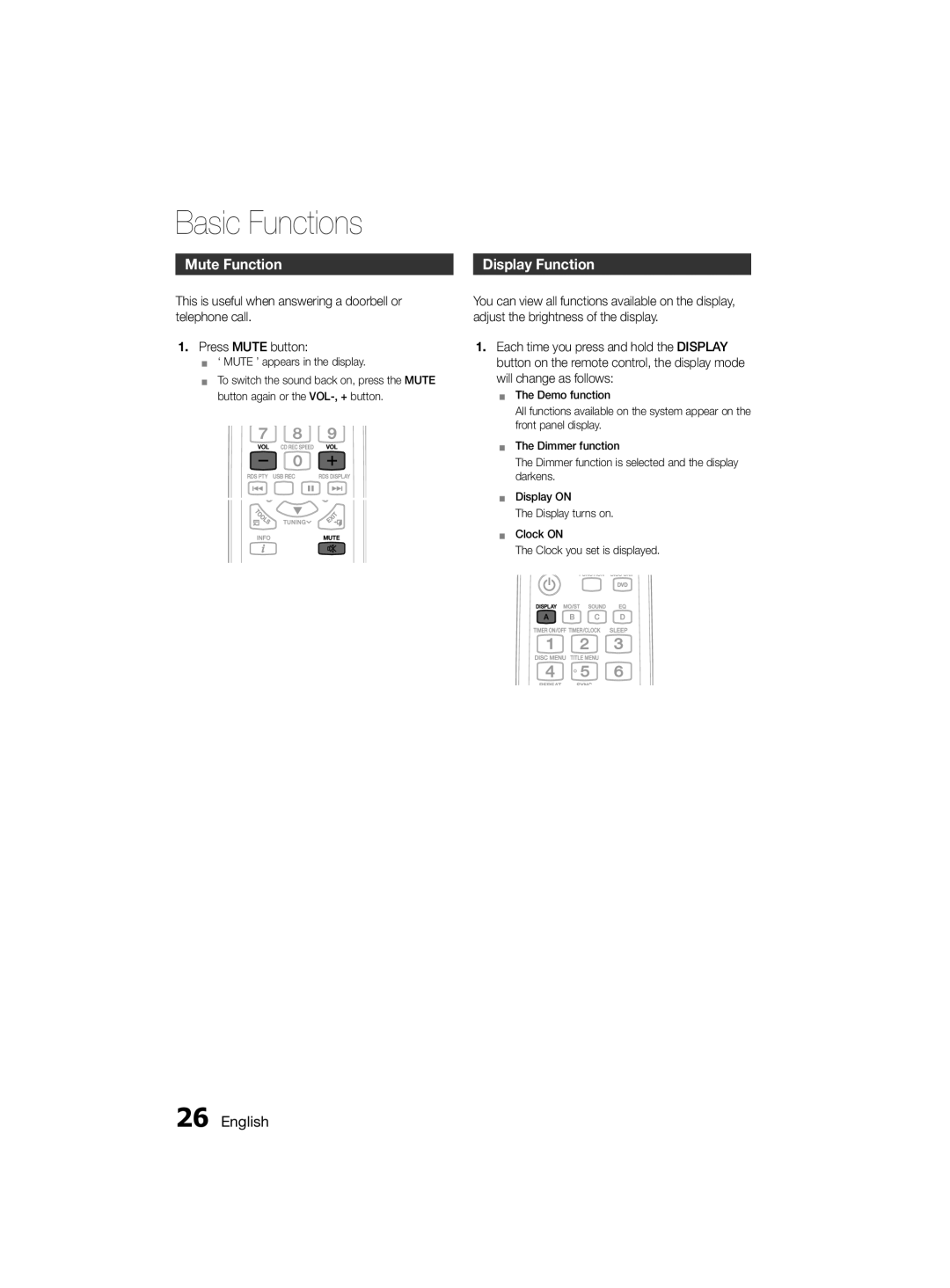 Samsung MM-D330D/UM, MM-D330D/SJ, MM-D330D/ZN manual Mute Function, Display Function 