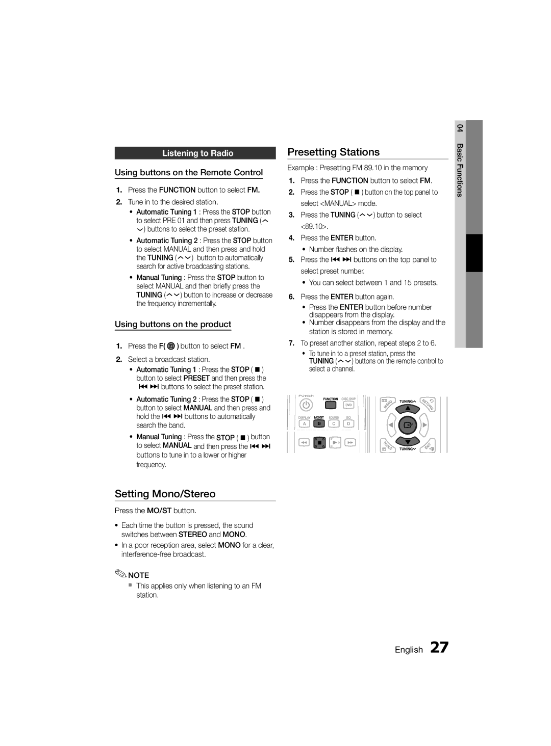 Samsung MM-D330D/SJ Setting Mono/Stereo, Presetting Stations, Listening to Radio, Using buttons on the Remote Control 