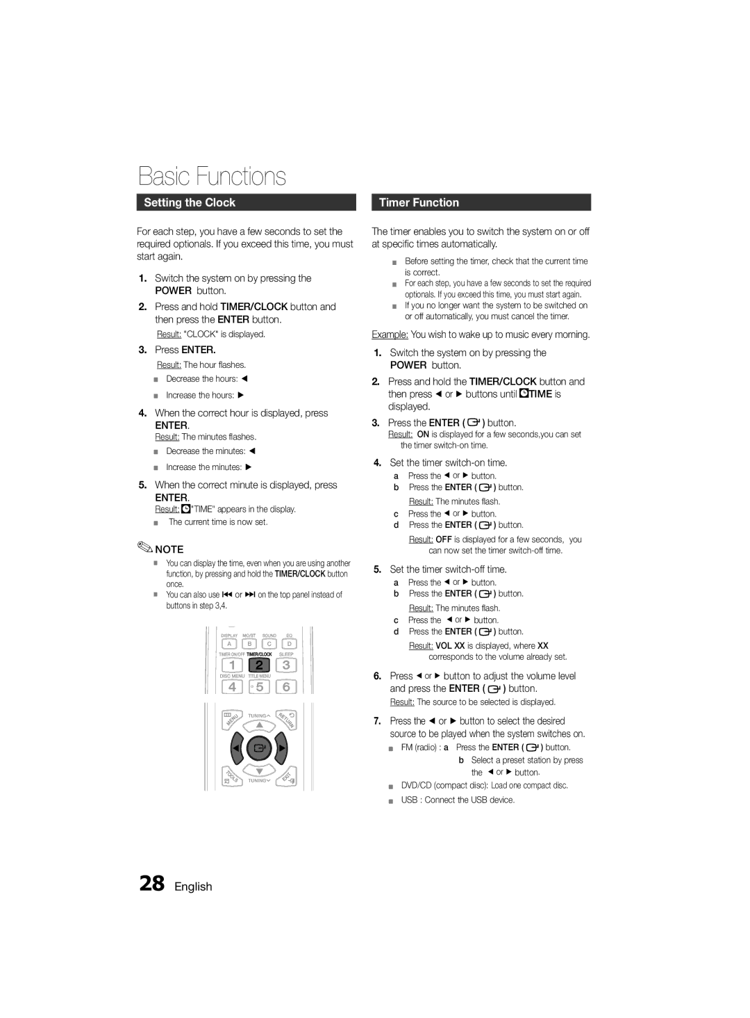 Samsung MM-D330D/ZN, MM-D330D/SJ, MM-D330D/UM manual Setting the Clock, Timer Function 