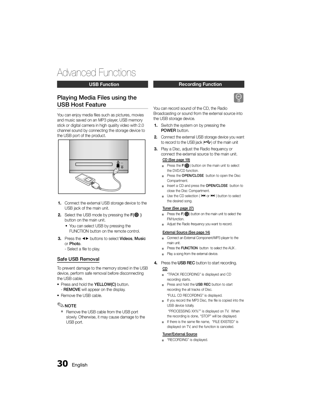 Samsung MM-D330D/SJ Advanced Functions, Playing Media Files using the USB Host Feature, USB Function, Safe USB Removal 