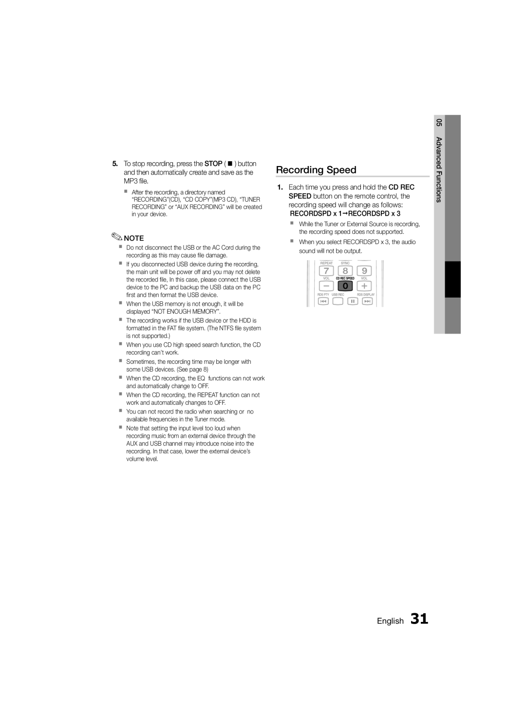 Samsung MM-D330D/ZN, MM-D330D/SJ, MM-D330D/UM manual Recording Speed, Advanced Functions 