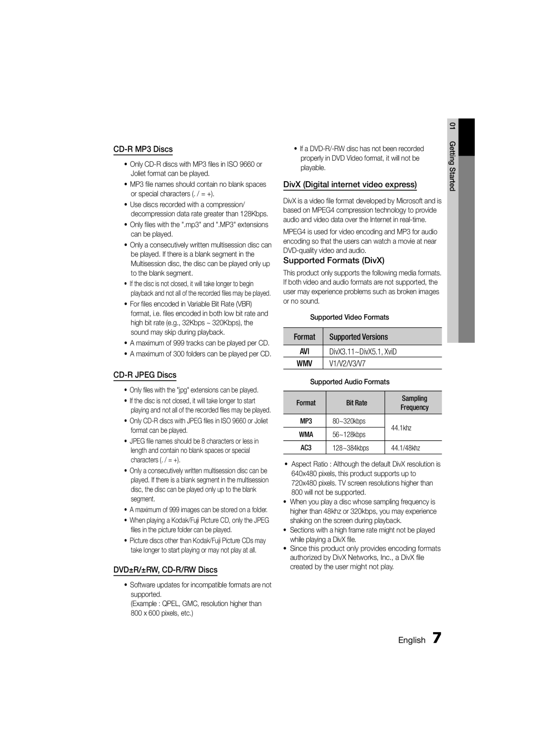 Samsung MM-D330D/ZN CD-R MP3 Discs, CD-R Jpeg Discs, DVD±R/±RW, CD-R/RW Discs, DivX Digital internet video express, Format 