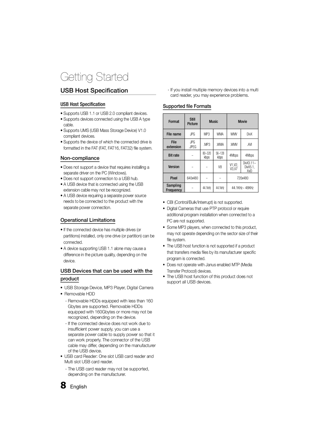 Samsung MM-D330D/UM, MM-D330D/SJ, MM-D330D/ZN manual USB Host Speciﬁcation 