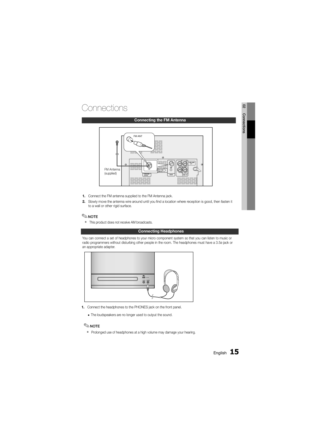 Samsung MM-D330D/SQ manual Connecting the FM Antenna, Connecting Headphones, Supplied 