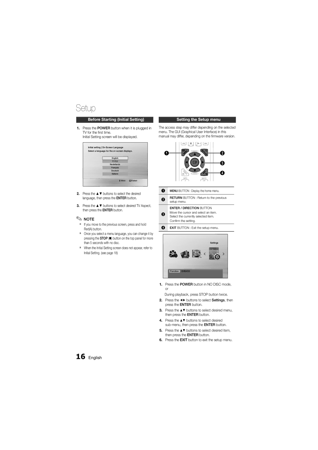 Samsung MM-D330D/SQ manual Setup, Before Starting Initial Setting, Enter / Direction Button 