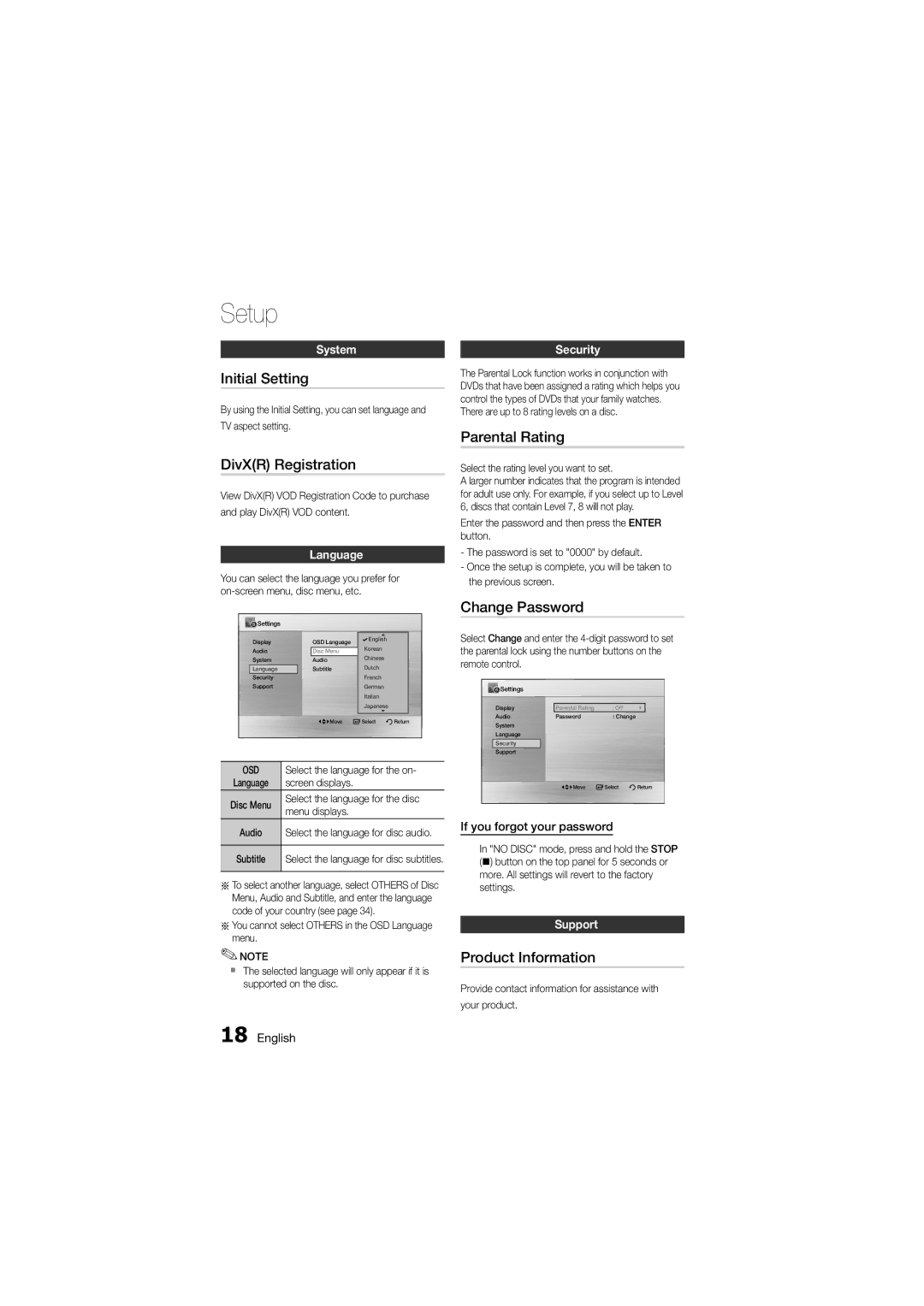 Samsung MM-D330D/SQ manual Initial Setting, DivXR Registration, Parental Rating, Change Password, Product Information 