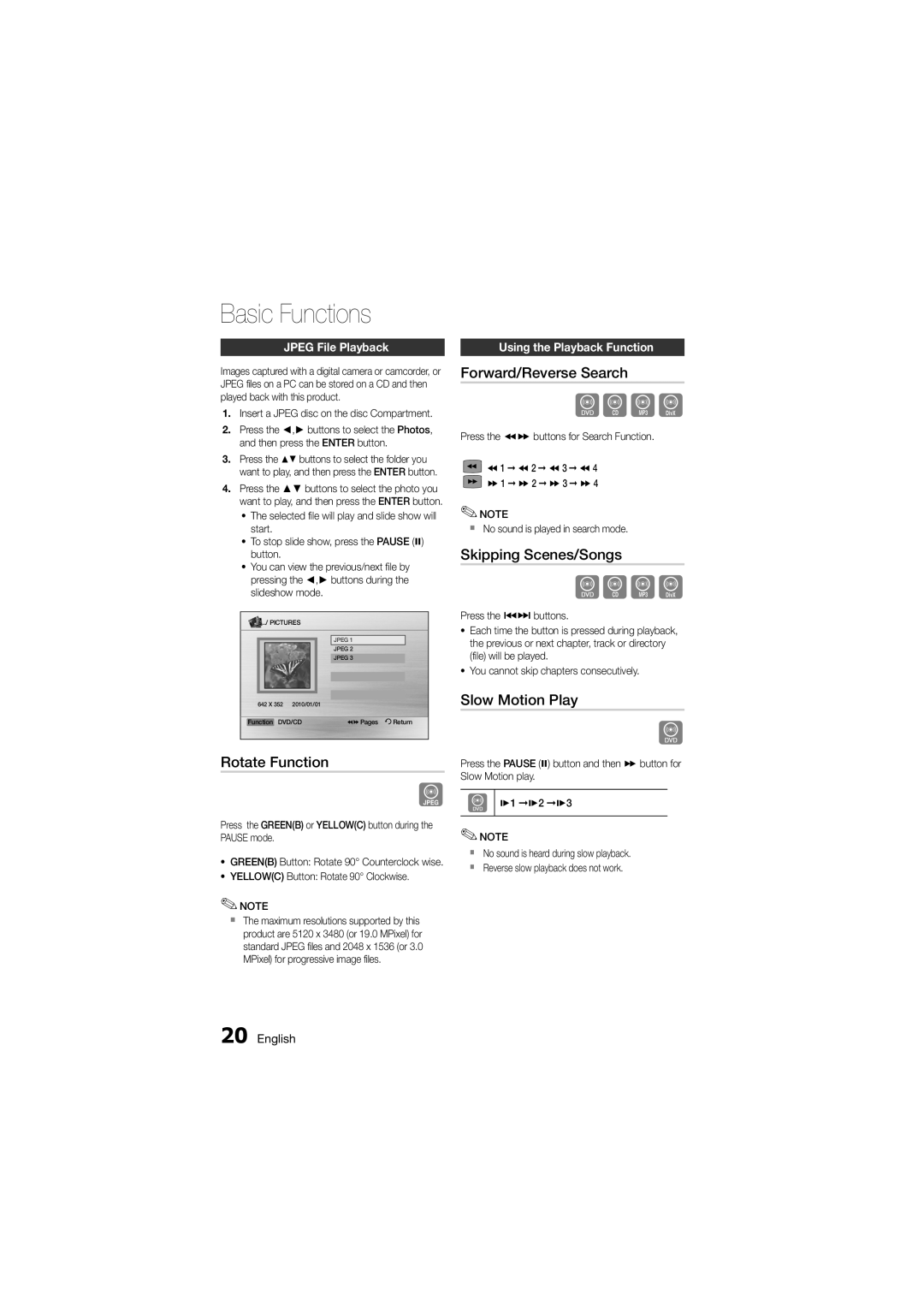 Samsung MM-D330D/SQ manual Rotate Function, Forward/Reverse Search, Skipping Scenes/Songs, Slow Motion Play 