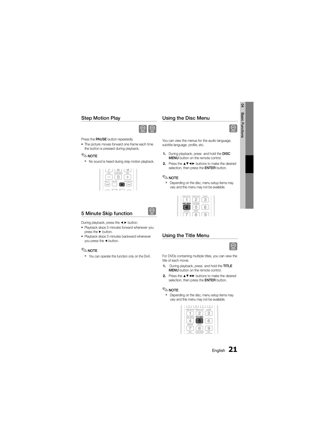 Samsung MM-D330D/SQ manual Step Motion Play, Using the Disc Menu, Minute Skip function, Using the Title Menu 