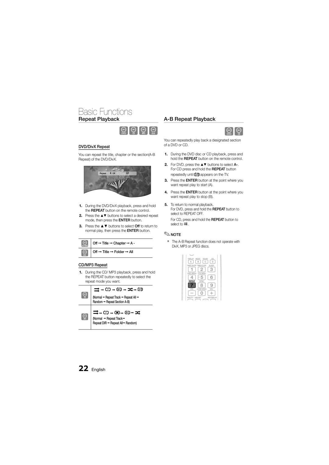 Samsung MM-D330D/SQ manual Repeat Playback, DVD/DivX Repeat, CD/MP3 Repeat, Off Title Chapter a Off Title Folder All 