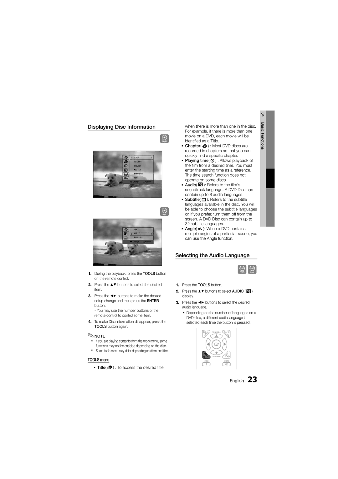 Samsung MM-D330D/SQ manual Displaying Disc Information, Selecting the Audio Language 