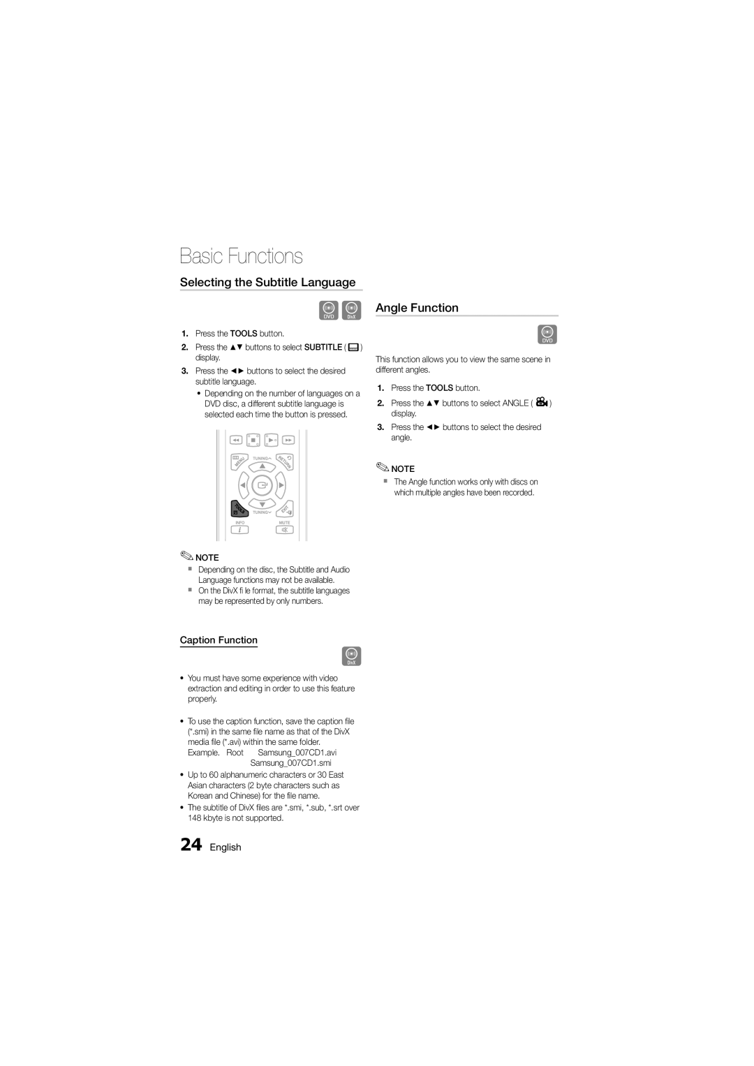 Samsung MM-D330D/SQ manual Selecting the Subtitle Language, Angle Function, Caption Function 