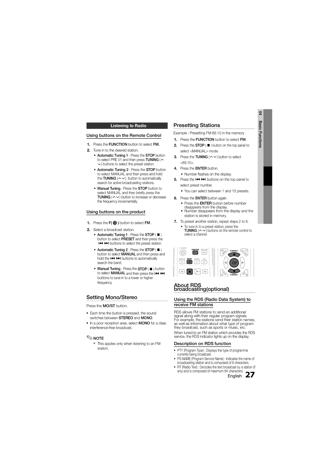 Samsung MM-D330D/SQ manual Setting Mono/Stereo, Presetting Stations, Listening to Radio 