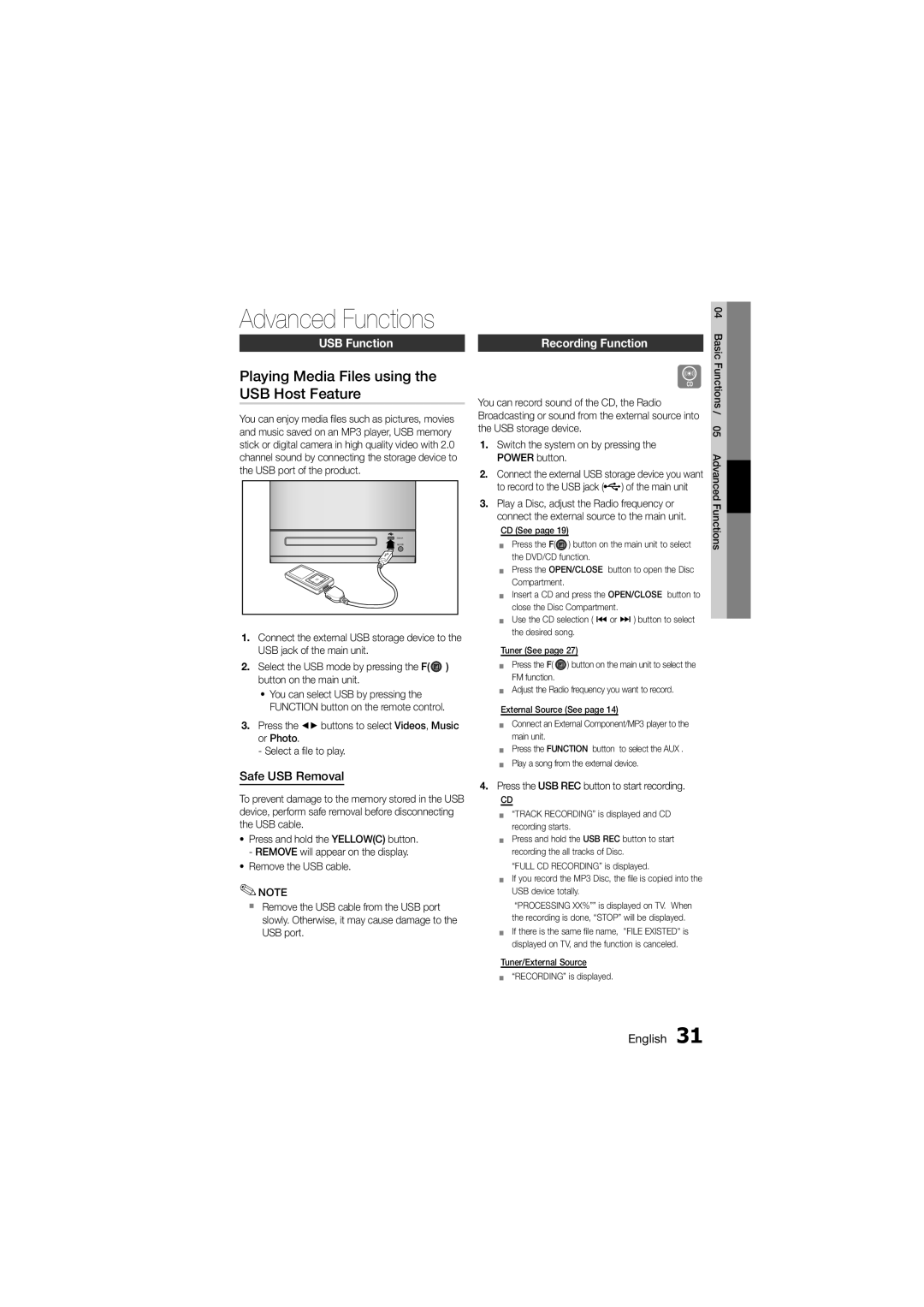 Samsung MM-D330D/SQ Advanced Functions, Playing Media Files using the USB Host Feature, USB Function, Safe USB Removal 