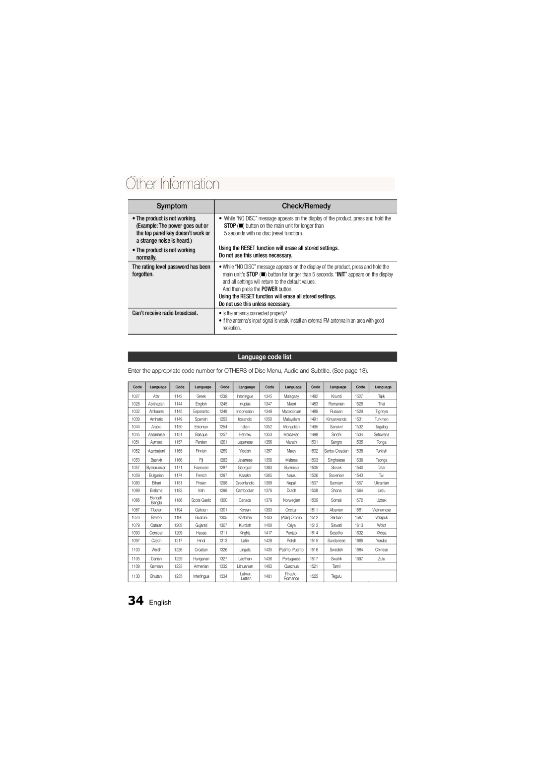 Samsung MM-D330D/SQ manual Language code list 