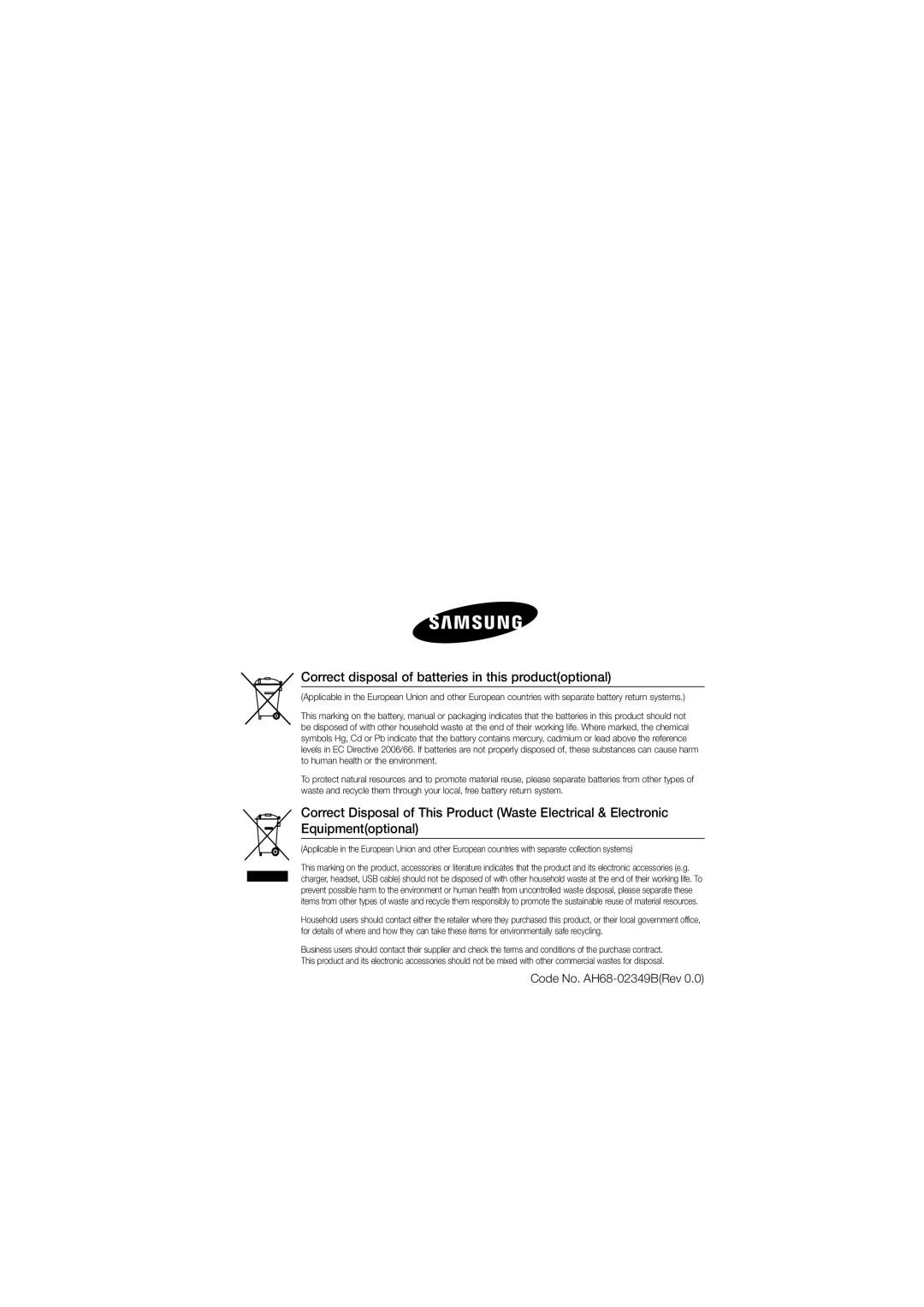 Samsung MM-D330D/SQ manual Correct disposal of batteries in this productoptional, Code No. AH68-02349BRev 