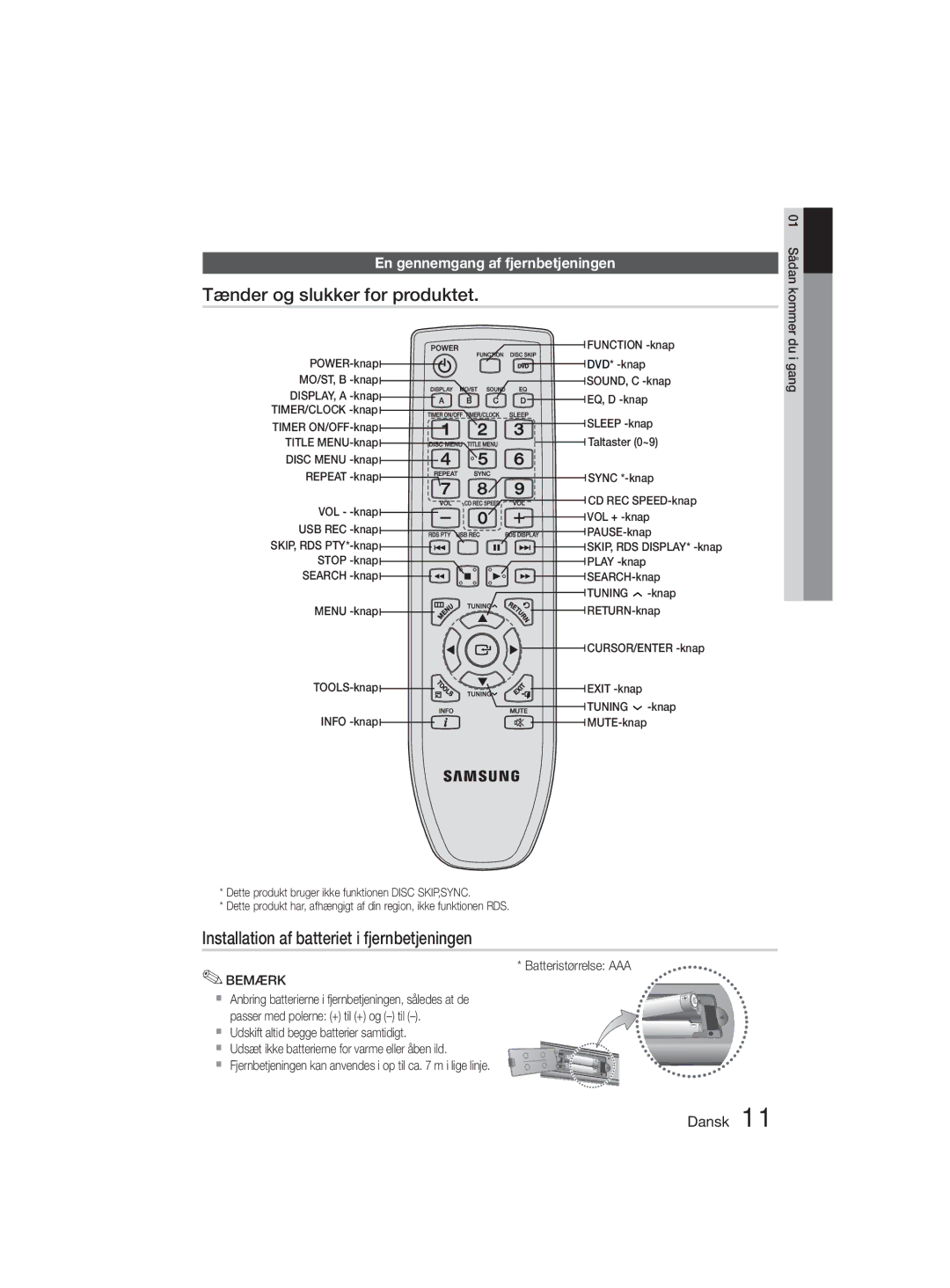 Samsung MM-D330D/XE manual Tænder og slukker for produktet, Installation af batteriet i fjernbetjeningen 