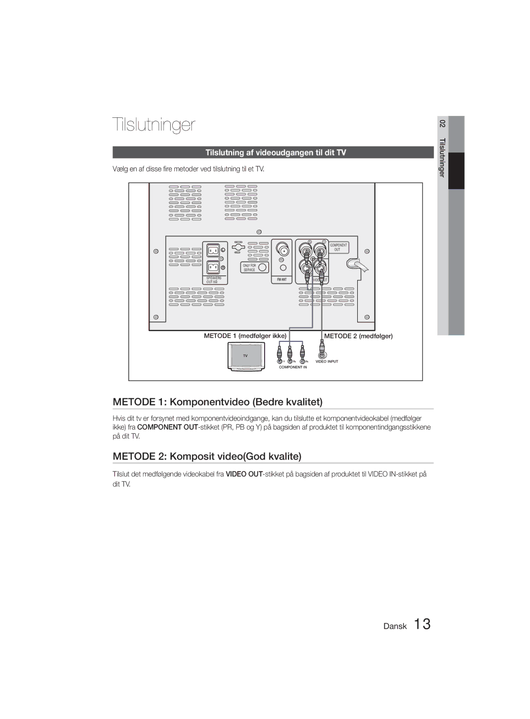 Samsung MM-D330D/XE manual Metode 1 Komponentvideo Bedre kvalitet, Metode 2 Komposit videoGod kvalite 