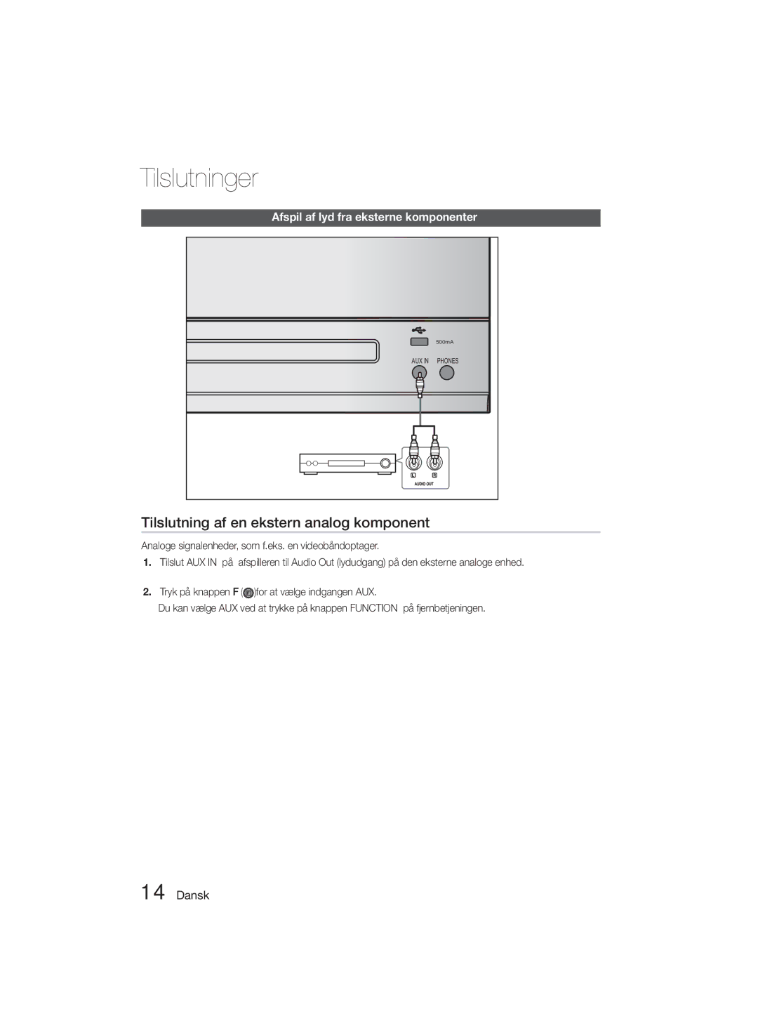 Samsung MM-D330D/XE manual Tilslutning af en ekstern analog komponent, Afspil af lyd fra eksterne komponenter 