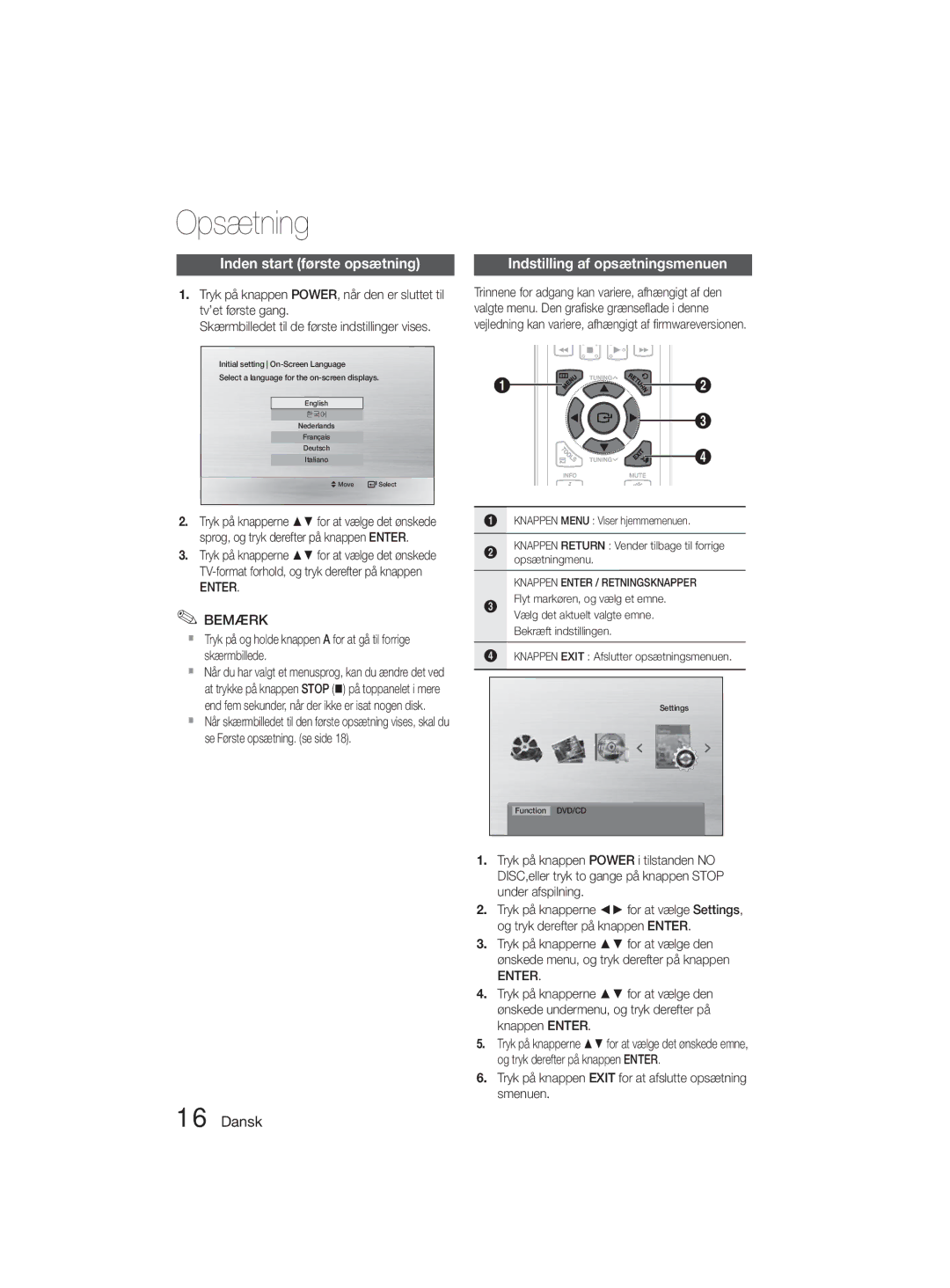 Samsung MM-D330D/XE manual Opsætning, Inden start første opsætning, Indstilling af opsætningsmenuen, Enter 