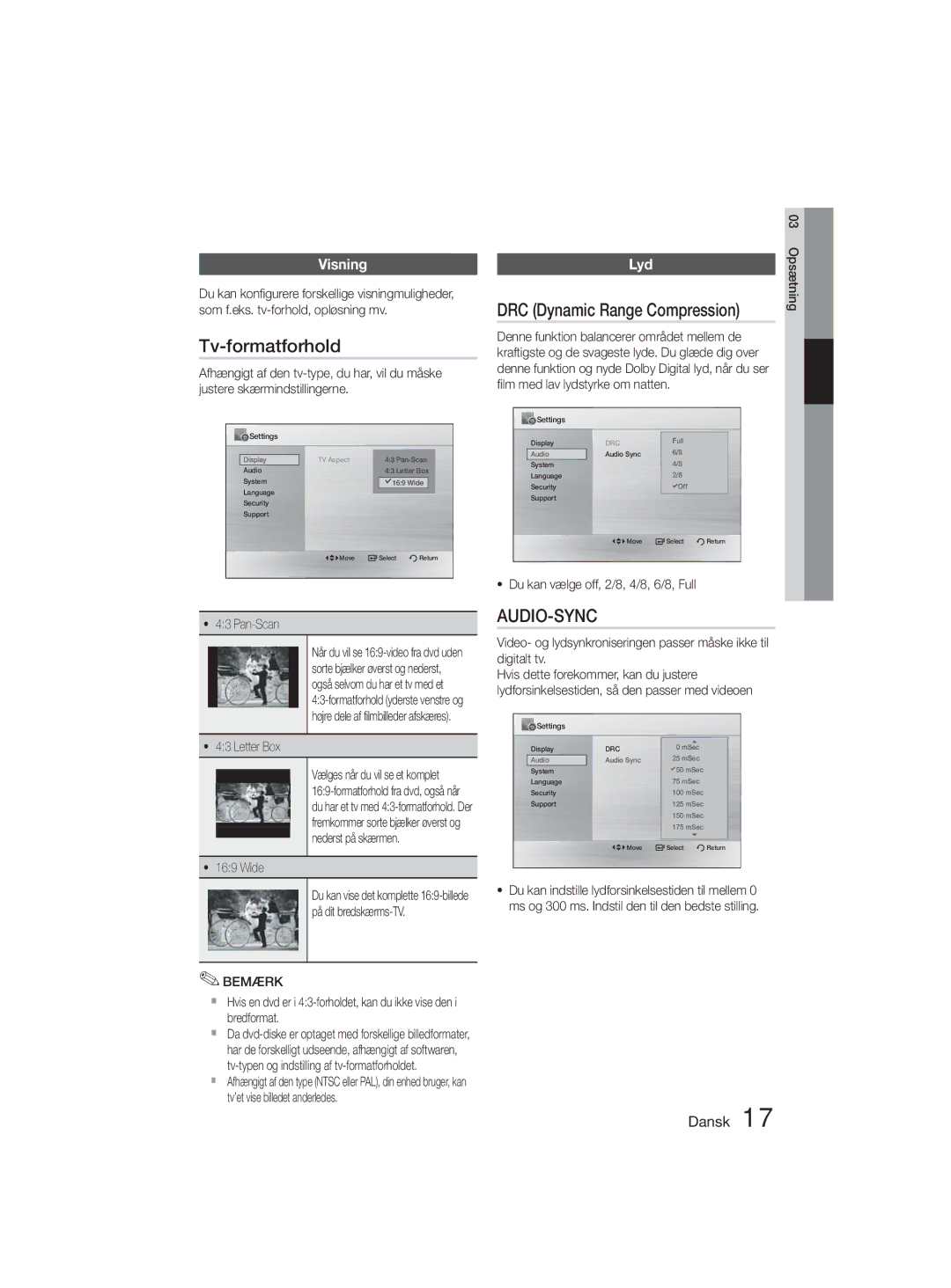 Samsung MM-D330D/XE manual Tv-formatforhold, Visning, Lyd 