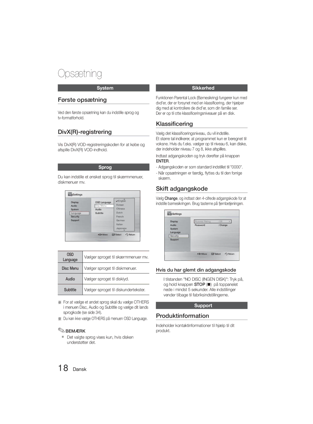 Samsung MM-D330D/XE manual Første opsætning, DivXR-registrering, Klassiﬁ cering, Skift adgangskode, Produktinformation 