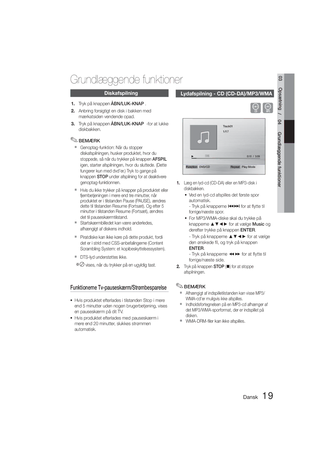 Samsung MM-D330D/XE manual Grundlæggende funktioner, Diskafspilning Lydafspilning CD CD-DA/MP3/WMA 