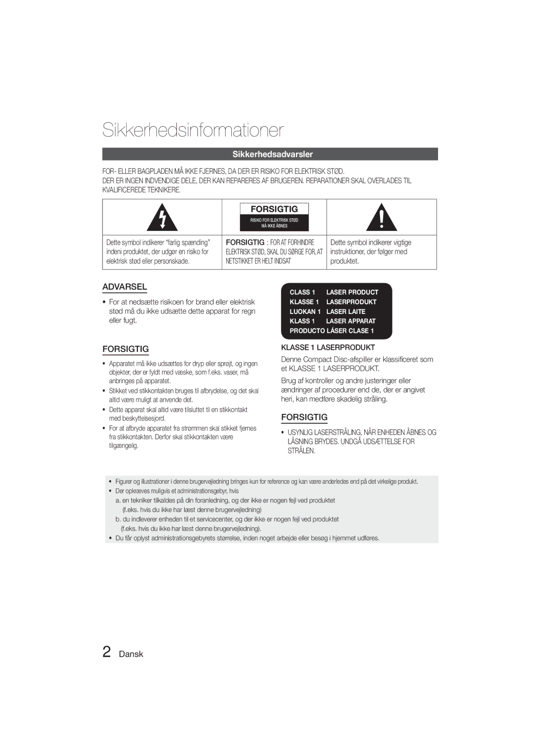 Samsung MM-D330D/XE manual Sikkerhedsinformationer, Sikkerhedsadvarsler, Dansk 