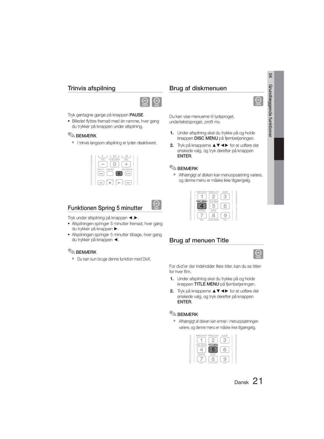 Samsung MM-D330D/XE manual Trinvis afspilning, Brug af diskmenuen, Funktionen Spring 5 minutter D, Brug af menuen Title 