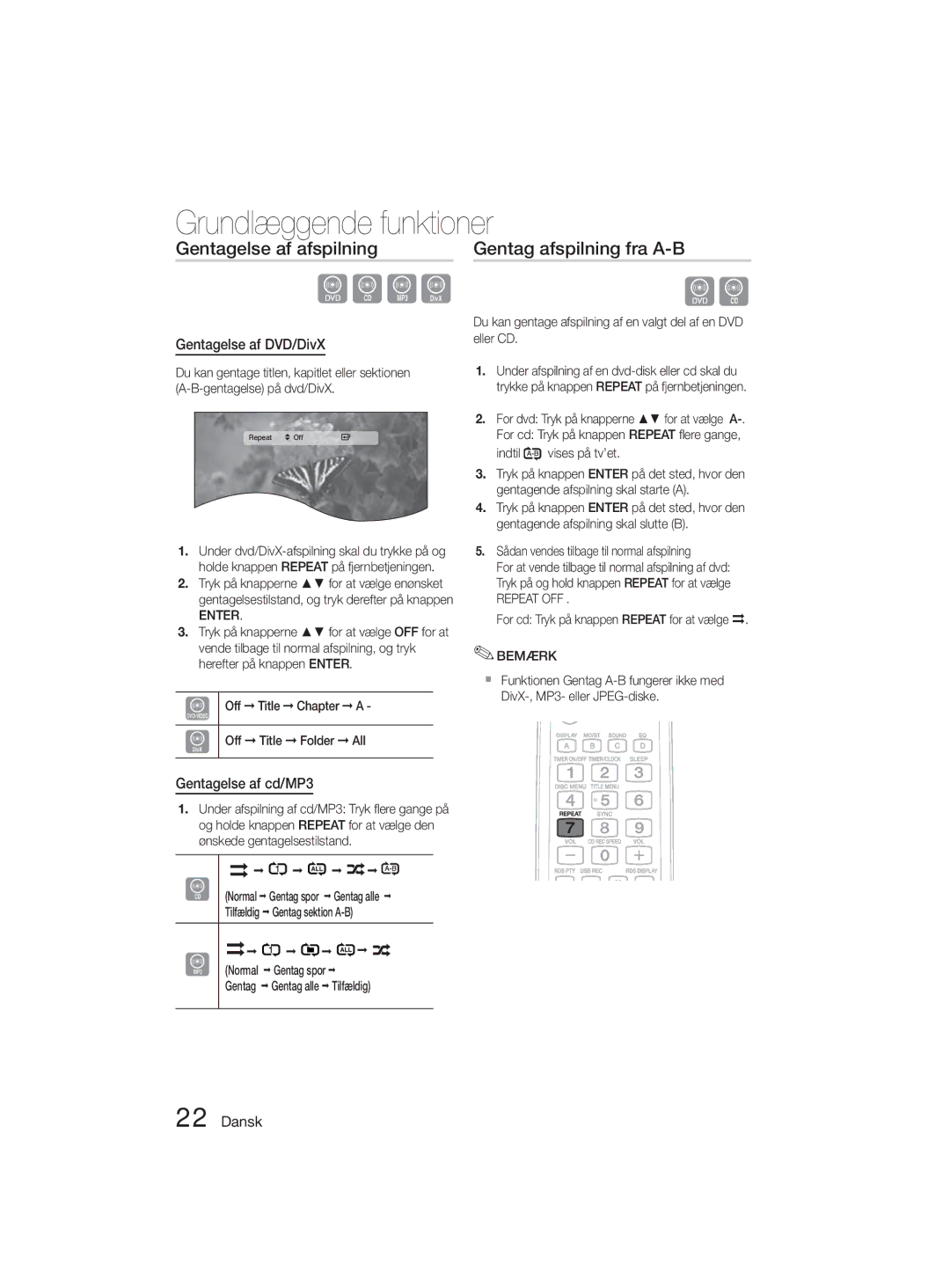 Samsung MM-D330D/XE manual Gentagelse af afspilning Gentag afspilning fra A-B, Gentagelse af DVD/DivX, Gentagelse af cd/MP3 